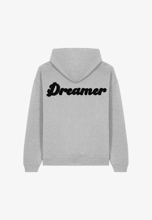 Sweatshirt à capuche gris avec un texte noir audacieux "Dreamer" au dos, doté de poignets et d'un ourlet côtelés pour un look ajusté. Texture de tissu douce.