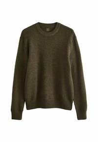 Maglione verde oliva testurizzato con scollo tondo e polsini e orlo a coste. Il motivo a maglia presenta una trama sottile e lavorata a maglia grossa per una maggiore profondità.