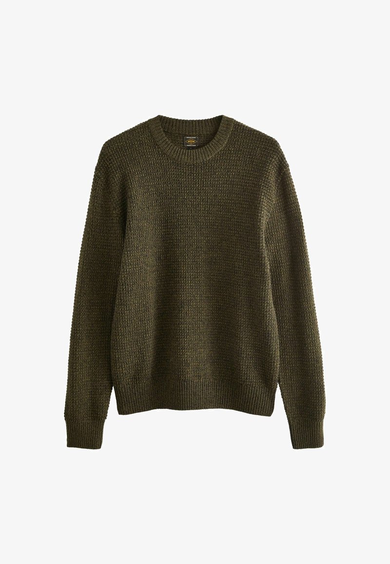 Maglione verde oliva testurizzato con scollo tondo e polsini e orlo a coste. Il motivo a maglia presenta una trama sottile e lavorata a maglia grossa per una maggiore profondità.