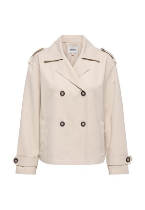 Beżowa dwurzędowa marynarka z szerokimi klapami, pagonami na ramionach, bocznymi kieszeniami i mankietami zapinanymi na guziki.