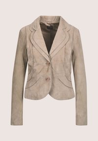 Beige Wildlederblazer mit Reverskragen, zwei Knöpfen und geschwungenen Nähten. Besitzt lange Ärmel und eine taillierte Silhouette.