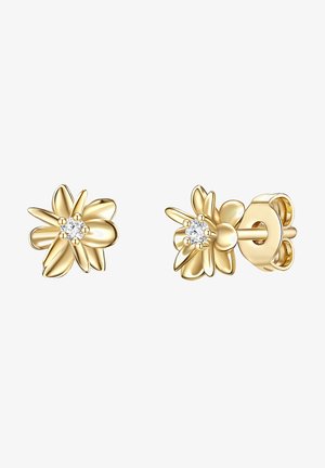 Boucles d'oreilles en forme de fleur en or avec une pierre précieuse centrale transparente, présentant des détails en forme de pétales et un fermoir sécurisé.