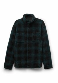 Veste en polaire à carreaux noirs et sarcelle avec un col montant et deux poches frontales ; texture douce et coupe ample.