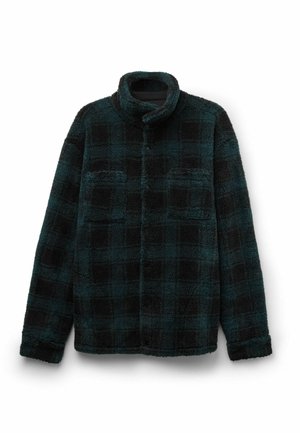 Černá a tyrkysová kostkovaná fleecová bunda s polo límcem a dvěma předními kapsami; měkká textura a volný střih.
