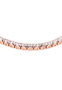 Rose gold armbånd med klare, runde krystaller satt i firkantede prong-innstillinger, arrangert i et symmetrisk, delikat design.