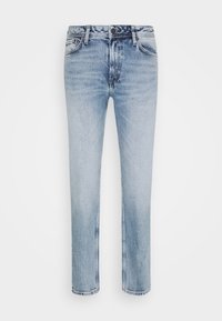 Ljusblå denimjeans med rak bendesign, utrustade med knappgylf, fem fickor och subtila blekningar för textur.