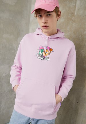 Light pink hoodie with a front pocket, featuring a colorful graphic design. Worn with a matching pink cap, displayed against a neutral background.