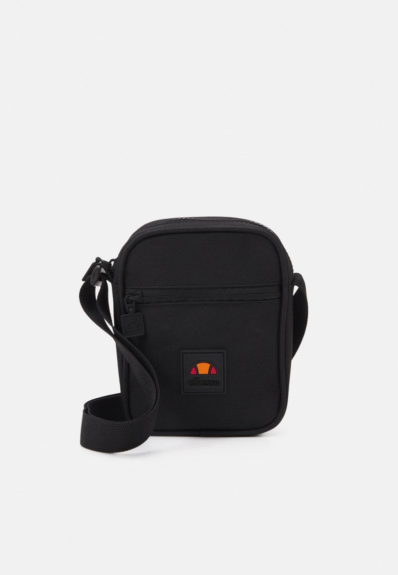 Black crossbody bag made of durable fabric, featuring a zip closure, adjustable strap, and a multicolored logo patch on the front.
