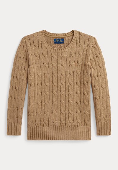 Maglione beige a maniche lunghe in maglia a trecce con polsini e orlo a coste, collo rotondo e etichetta Polo Ralph Lauren all'interno del colletto.