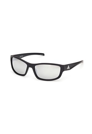 Lunettes de soleil rectangulaires noires avec verres miroir et petit logo blanc sur la branche, présentées sur fond blanc.