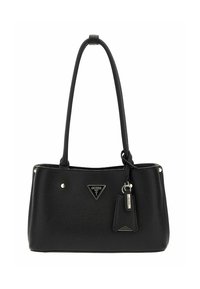 Borsa nera sintetica con due manici, superficie texturizzata, dettagli in metallo dorato e una targhetta con logo triangolare. Include un portachiavi.