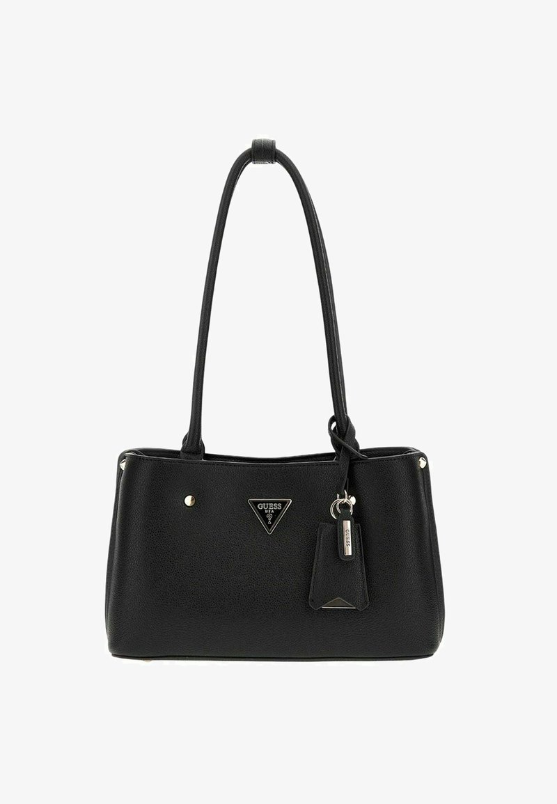 Borsa nera sintetica con due manici, superficie texturizzata, dettagli in metallo dorato e una targhetta con logo triangolare. Include un portachiavi.