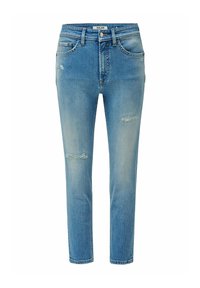Vaqueros de denim azul claro con cintura alta, corte recto y detalles de desgaste en las rodillas; cuenta con un diseño estándar de cinco bolsillos y botón de metal.