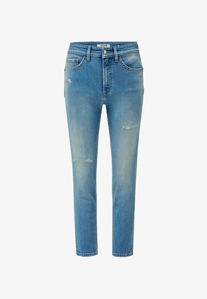 Jean en denim bleu clair avec taille haute, coupe droite et détails déchirés au niveau des genoux ; comprend un design standard à cinq poches et un bouton en métal.