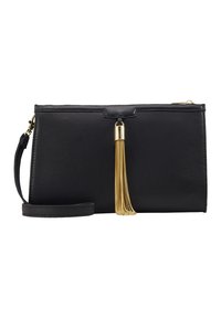 Musta nahkainen clutch-laukku, jossa on sileä pinta, kultainen tupsukoriste, vetoketjusuljin ja irrotettava hihna monipuolisiin kantamisvaihtoehtoihin.