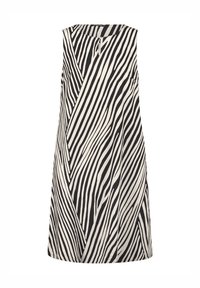 Robe sans manches longueur genou avec rayures diagonales zébrées noires et blanches et un petit détail d'encolure en forme de clé à l'avant.