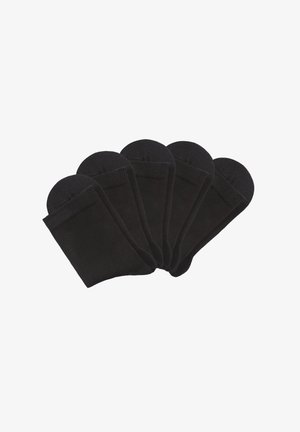 Black cotton socks in a set of five. Smooth texture, crew length, rounded toe, and reinforced cuffs for durability.