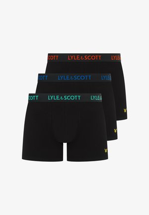 Zwarte katoenen boxershorts met gekleurde taillebanden in oranje, blauw en groen. Elk heeft een klein geel logo linksonder.