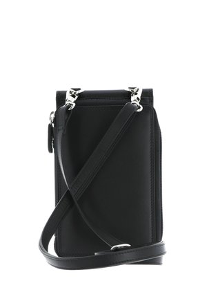 Petit sac bandoulière en cuir noir avec une bandoulière détachable et des fermoirs métalliques argentés, présenté sur fond blanc.