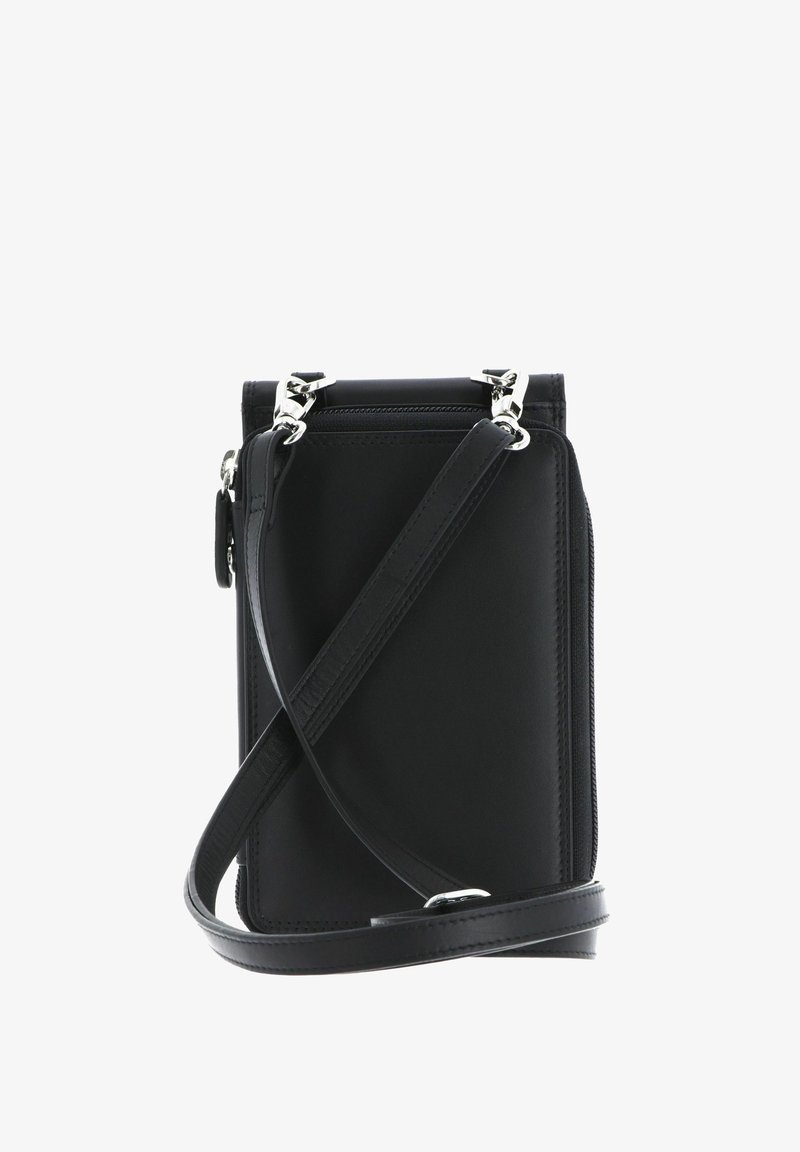 Petit sac bandoulière en cuir noir avec une bandoulière détachable et des fermoirs métalliques argentés, présenté sur fond blanc.