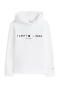 Weißer Hoodie mit Kordelzug, der den Text "Tommy Hilfiger" und ein Logo in der Mitte sowie ein kleines Logo am linken Ärmelsaum zeigt.