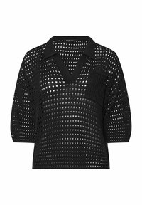 Schwarzer gestrickter Pullover mit V-Ausschnitt, kurzen Ärmeln und einer Tasche; verfügt über ein Netzmuster mit gleichmäßig verteilten Löchern im gesamten Design.