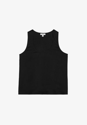 Must mustrõngiga must särk, mis on valmistatud siledast kangast, laia ümarate lõigete ja sirge servaga, tagades mugava istuvuse.