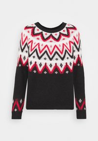 Schwarzer Pullover mit roten, weißen und schwarzen geometrischen Mustern an der Passe und den Ärmeln. Runder Ausschnitt und lange Ärmel. Weicher Stoff.