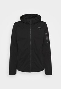 Schwarze Softshell-Jacke mit Reißverschluss vorne, verstellbarem Kapuzen und einer Reißverschlusstasche am Ärmel. Glatte Textur, minimalistisches Design.