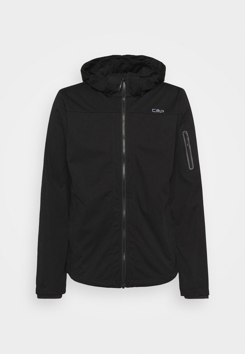 Schwarze Softshell-Jacke mit Reißverschluss vorne, verstellbarem Kapuzen und einer Reißverschlusstasche am Ärmel. Glatte Textur, minimalistisches Design.