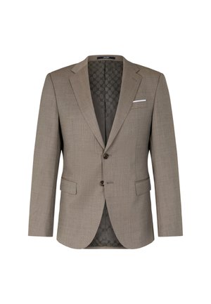 Blazer beige avec deux boutons, revers crantés et poches avant. Doublé d'un intérieur à motifs, offrant une texture subtile et un design classique.