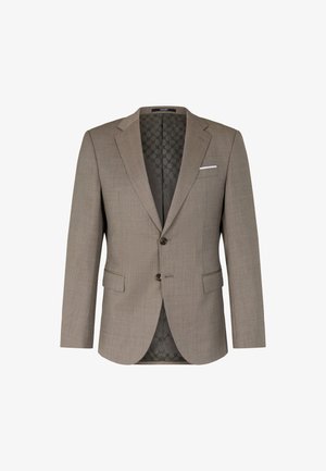 Beiger Blazer mit zwei Knöpfen, Reverskragen und Fronttaschen. Gefüttert mit einem gemusterten Innenfutter, das eine dezente Textur und ein klassisches Design aufweist.