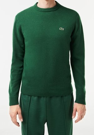 Homme portant un pull vert à manches longues avec poignets et ourlet côtelés, et un pantalon vert, vu du cou aux mains.