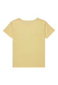 Camiseta amarilla de manga corta hecha de algodón suave, con un cuello redondo y una textura lisa, mostrada en vista frontal sobre un fondo blanco.