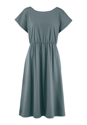 Grau, kurzärmliges Kleid aus weichem Stoff, mit einem elastischen Taillenbund und einem lockeren Schnitt, der bis zum Knie reicht.