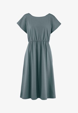 Grau, kurzärmliges Kleid aus weichem Stoff, mit einem elastischen Taillenbund und einem lockeren Schnitt, der bis zum Knie reicht.