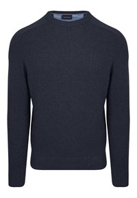 Marineblauer Rundhals-Pullover mit langen Ärmeln, gerippten Bündchen und Saum, aus Strickstoff gefertigt.