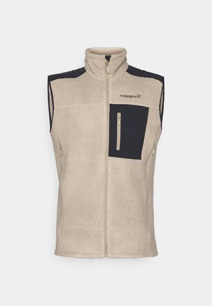 Beige fleecevest med høy krage, frontlomme med glidelås, to sidelommer og en kontrasterende mørk lomme. Har Norrona-logoen på brystet.