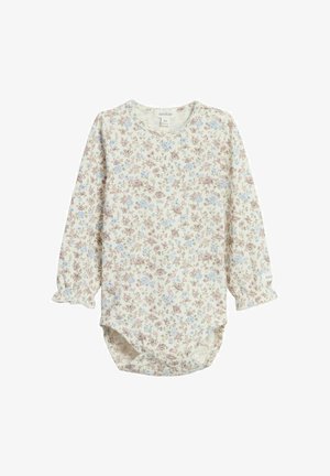 Vauvan pitkähihainen body pyöreällä pääntiellä, vaalea pohja ja pieni kukkakuvio pehmeissä vaaleanpunaisen, sinisen ja beigen sävyissä.