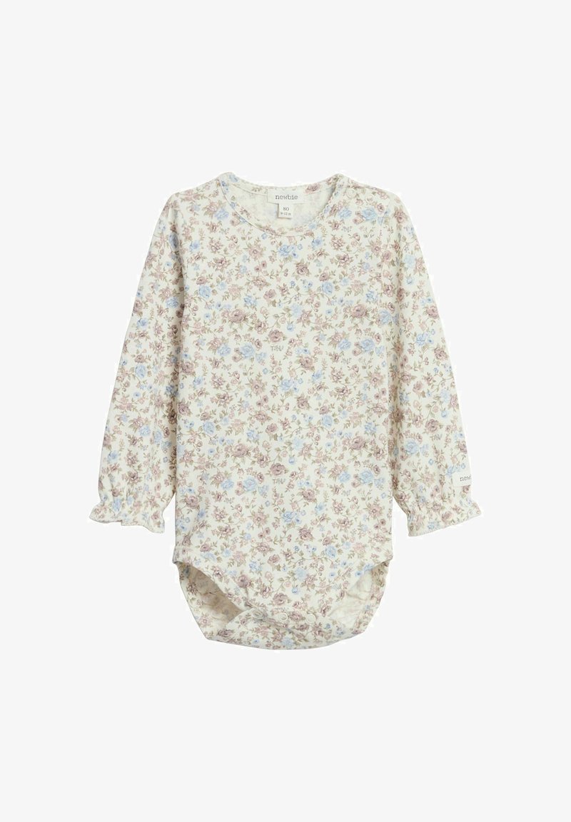 Body bébé à manches longues avec col rond, fond crème et petit motif floral dans des tons doux de rose, bleu et beige.