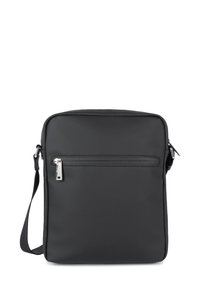 Borsa a tracolla nera con un esterno liscio, forma rettangolare, tracolla regolabile e una tasca anteriore con zip con dettagli in metallo argentato.