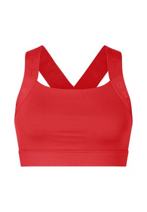 Rotes Sport-BH mit überkreuztem Rücken, aus glattem Stoff. Verfügt über einen breiten Bund und geprägtes Branding auf den Trägern.