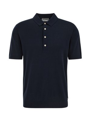 Tumesinine lühikeste varrukatega polo-särk kraega ja nelja beeži nupuga esiservas.