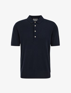 Tengerészkék rövid ujjú galléros póló négy bézs színű gombbal az elülső gombsoron.