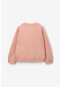 Sweatshirt rose clair avec un col rond, des manches raglan, des poignets et un ourlet côtelés, présentant une texture douce et un design simple.