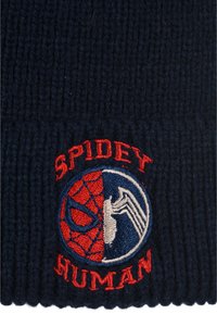 Navy knitted beanie with ribbed texture. Features a circular graphic with a red spider web and spider emblem, text "SPIDEY HUMAN" in red.