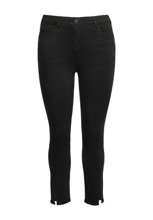 Zwarte skinny jeans met een klassiek ontwerp, voorzien van een knoopsluiting, voorzakken en splitten bij de enkels voor extra detail.