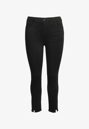 Zwarte skinny jeans met een klassiek ontwerp, voorzien van een knoopsluiting, voorzakken en splitten bij de enkels voor extra detail.