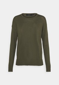 Sweter dzianinowy w kolorze oliwkowej zieleni z długimi rękawami, okrągłym dekoltem i ściągaczami przy mankietach. Gładka faktura, casualowy krój i minimalne przeszycia.