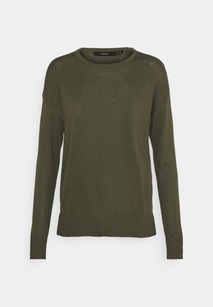 Maglione di colore verde oliva, a maniche lunghe, in maglia con scollo rotondo e polsini a costine. Texture liscia, vestibilità casual e cuciture minimali.